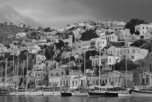 Symi Greece Harbor black and white photography