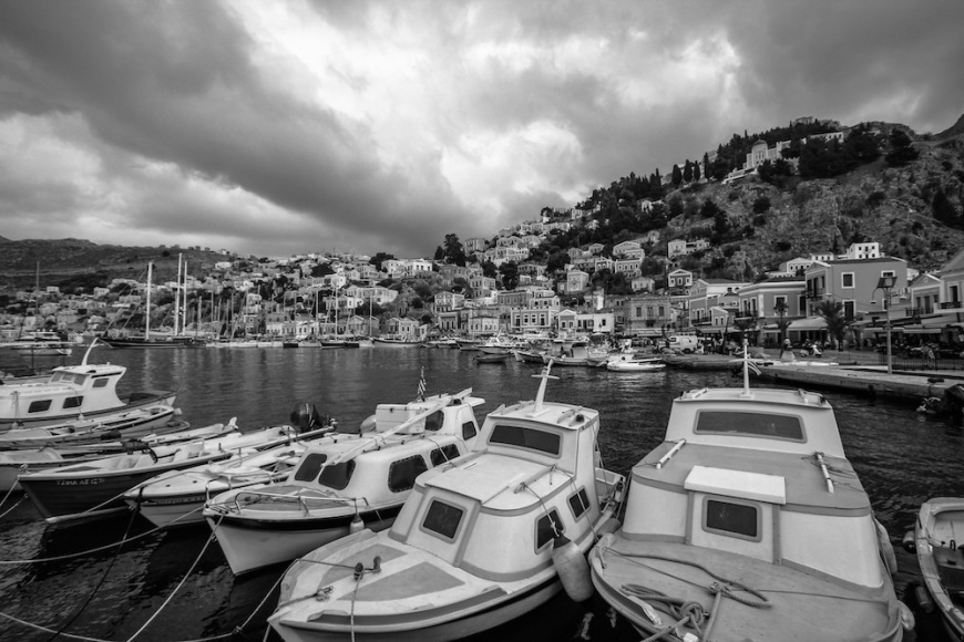 Symi Greece Harbor Black and white