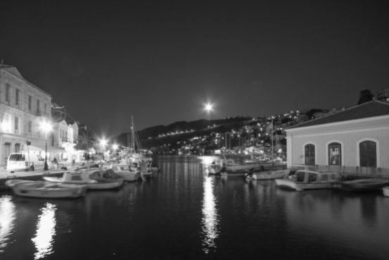 Symi moonrise black white Greece