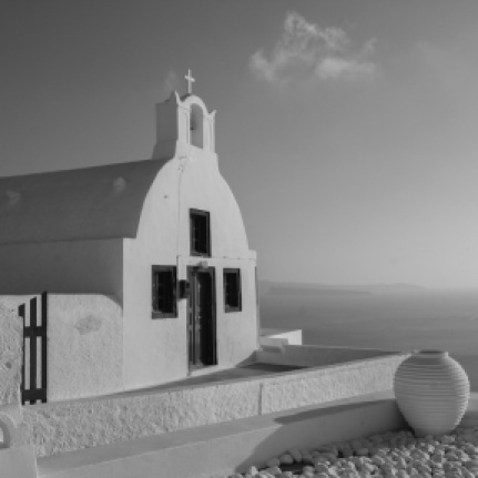 Old Church in Oia black and white