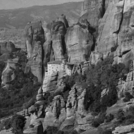 Meteora Monastery in black and white.
