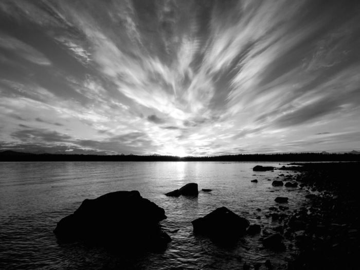 black and white sunset glacier bay